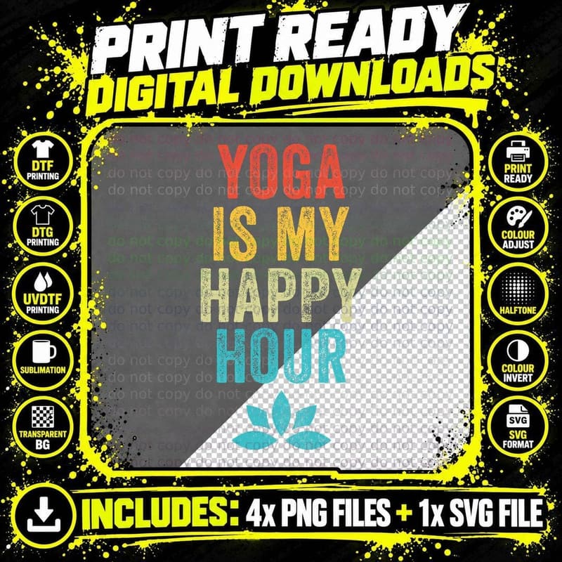 Yoga Is My Happy Hour Meme Vintage Funny Yoga Saying Png SVG Digital Bundle