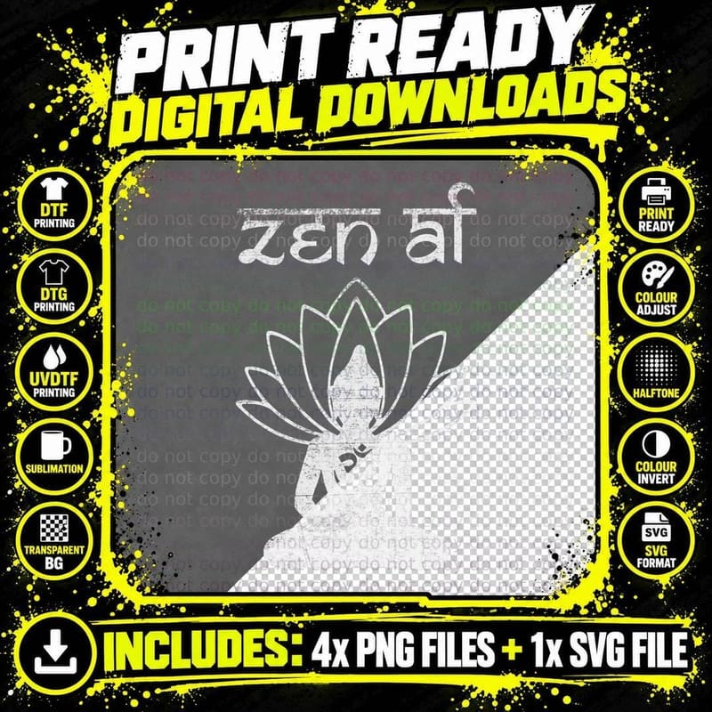 Zen AF Funny Yoga Buddha Retro Tee, Funny Apparel T-Shirt Png SVG Digital Bundle