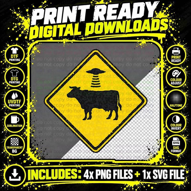 Alien Abduction Cattle Crossing Sign T-Shirt Png SVG Digital Bundle