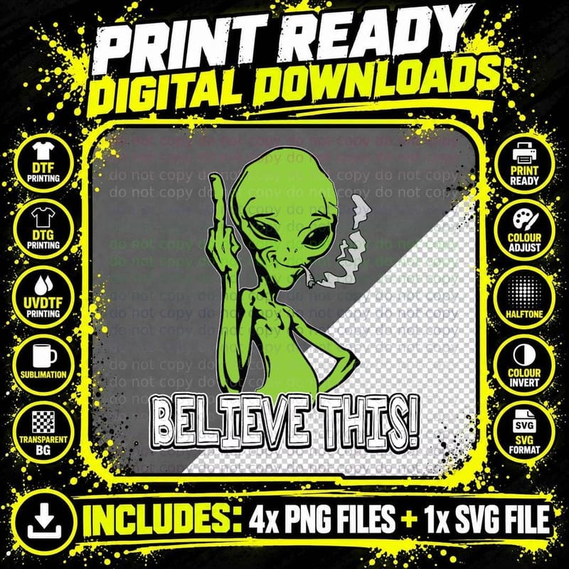 Alien Smoking Middle Finger T-Shirt, Funny Alien Design Png SVG Digital Bundle