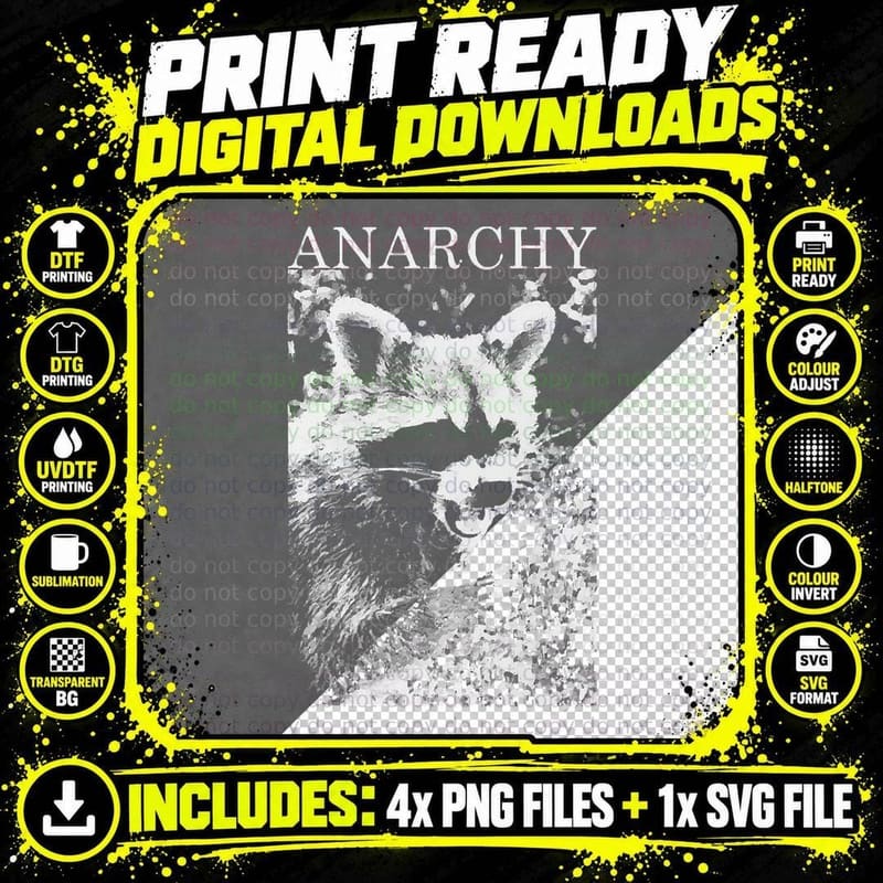 Anarchy Raccoon T-Shirt, Funny Animal Print Png SVG Digital Bundle