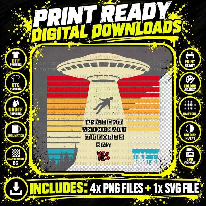 Ancient Astronaut Theory T-Shirt, Retro Sci-Fi Png SVG Digital Bundle