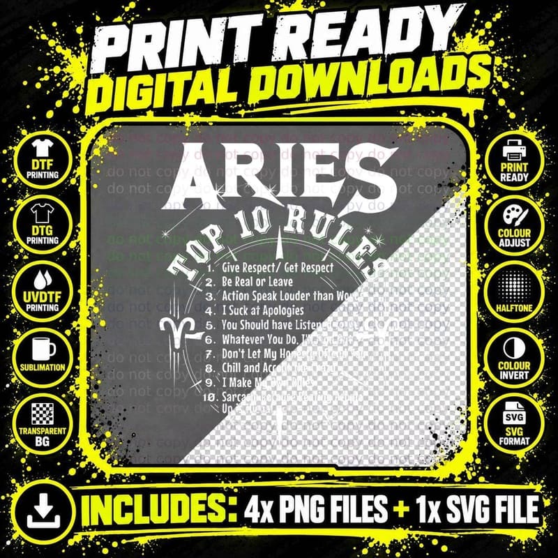 Aries Top 10 Rules Zodiac Sign Birthday Month Funny Png SVG Digital Bundle