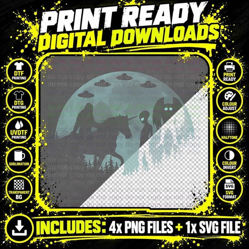 Bigfoot Riding Unicorn Funny Sasquatch Ufo Mothman and Png SVG Digital Bundle