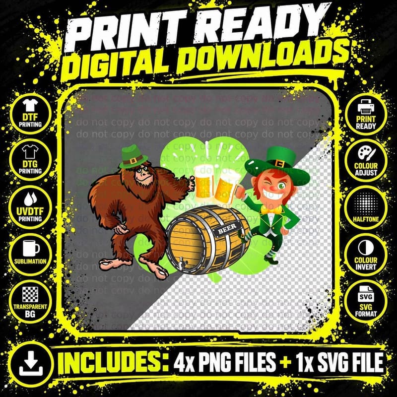 Bigfoot and Leprechaun T-Shirt, St Patricks Day Png SVG Digital Bundle