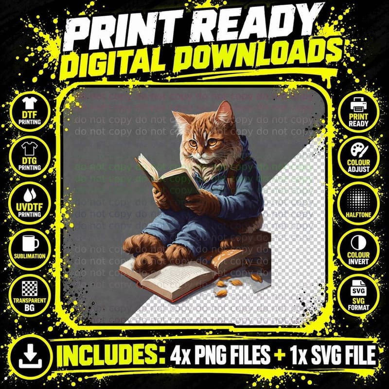 Cats Reading a Book T-Shirt, Funny Animal Graphic Png SVG Digital Bundle