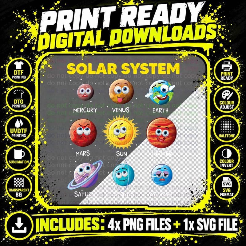 Cute Solar System Funny Planet Faces Space T-Shirt Png SVG Digital Bundle