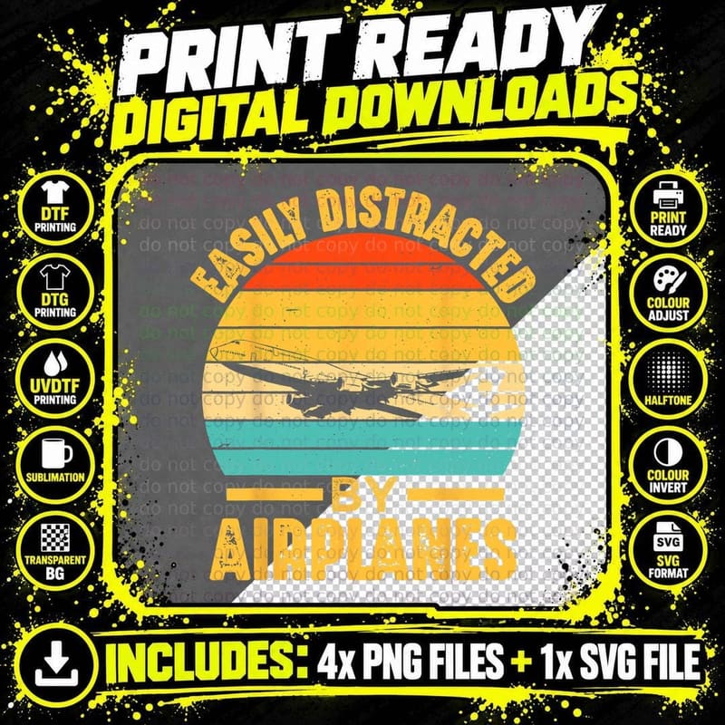 Easily Distracted by Airplanes T-Shirt, Aviation Humor Png SVG Digital Bundle