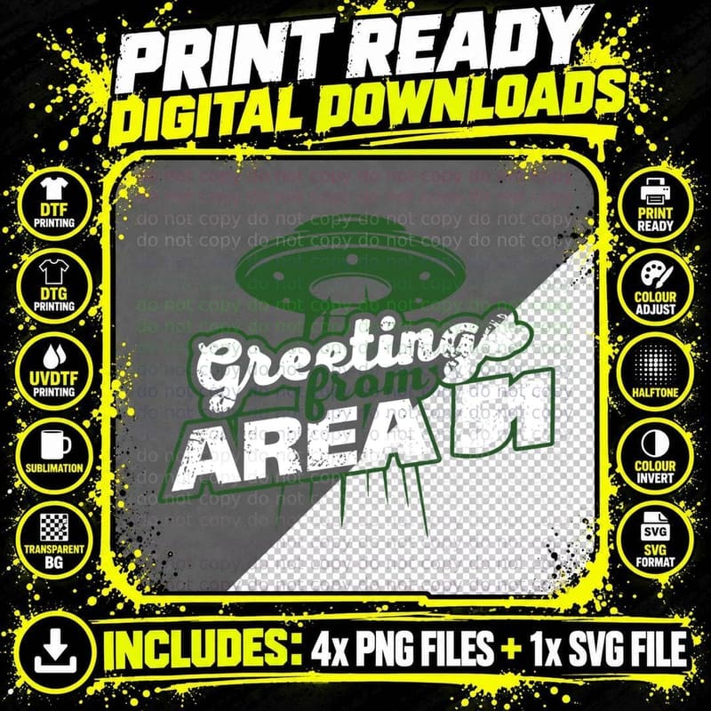 Funny Alien Greetings from Area 51 T-Shirt, UFO Humor Png SVG Digital Bundle