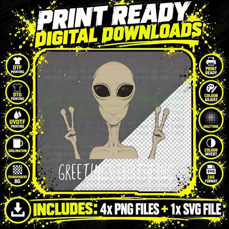 Funny Alien Peace Sign T-Shirt, Alien Humor Png SVG Digital Bundle