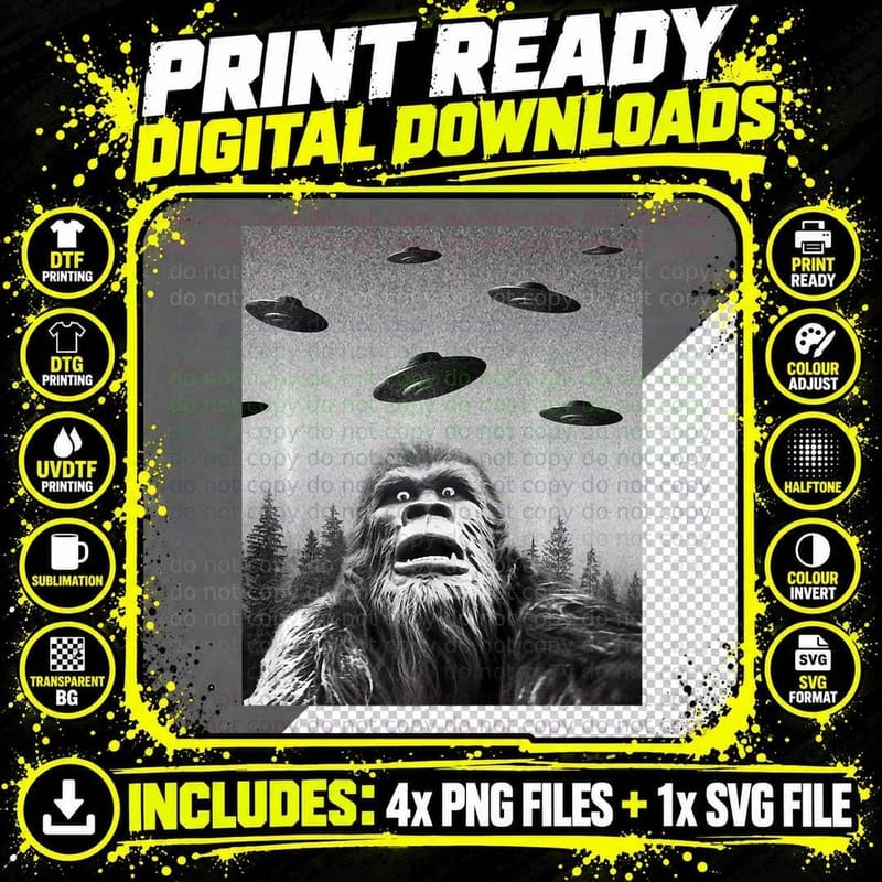 Funny Bigfoot Selfie UFO Spaceship T-Shirt Png SVG Digital Bundle