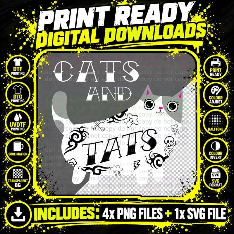 Funny Cats and Tats Tattoo Art T-Shirt Png SVG Digital Bundle