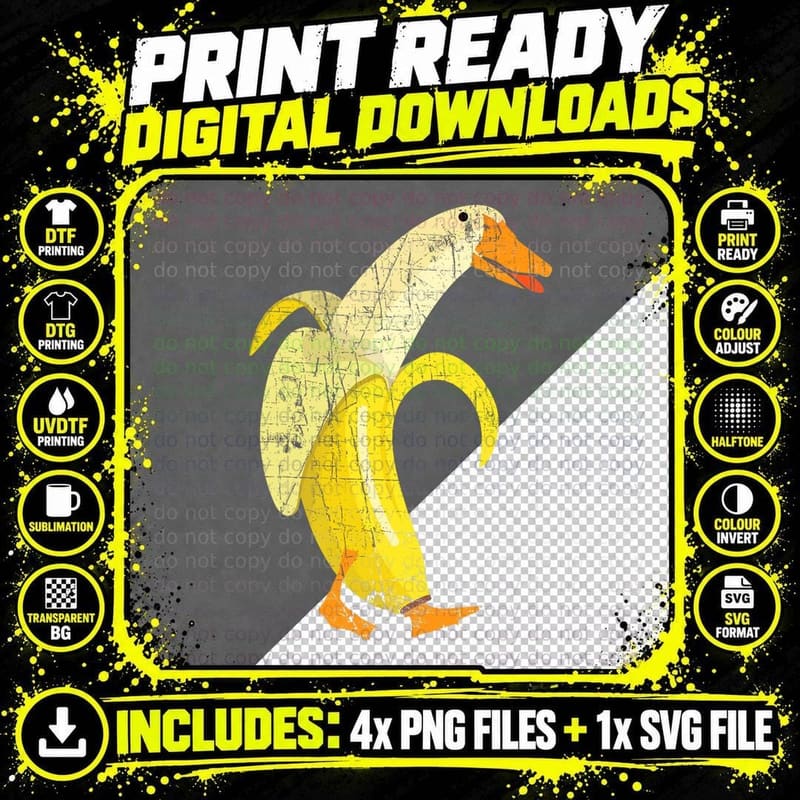 Funny Duck Banana T-Shirt, Distressed Design, Animal Pun Png SVG Digital Bundle