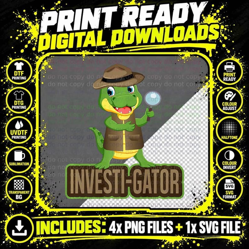 Funny Investi-Gator T-Shirt, Pun Alligator Detective Png SVG Digital Bundle