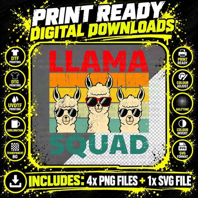 Funny Llama Design for Men Women, Retro Vintage Style Png SVG Digital Bundle