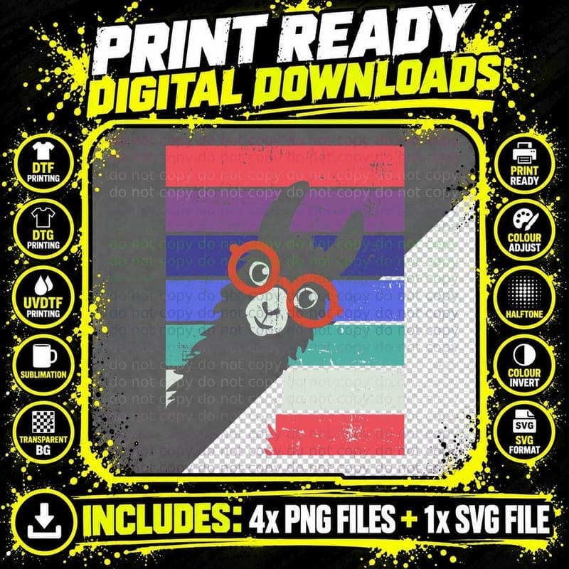 Funny Llama with Sunglasses Retro Style Alpaca T-Shirt Png SVG Digital Bundle