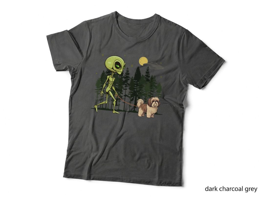 Funny Shih Tzu Alien Walking UFO T-Shirt, Sci-Fi Humor, Pet Lover Apparel