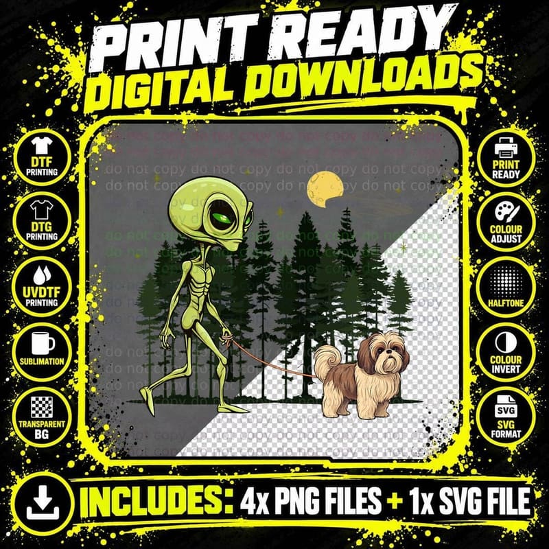 Funny Shih Tzu Alien Walking UFO T-Shirt, Sci-Fi Humor Png SVG Digital Bundle