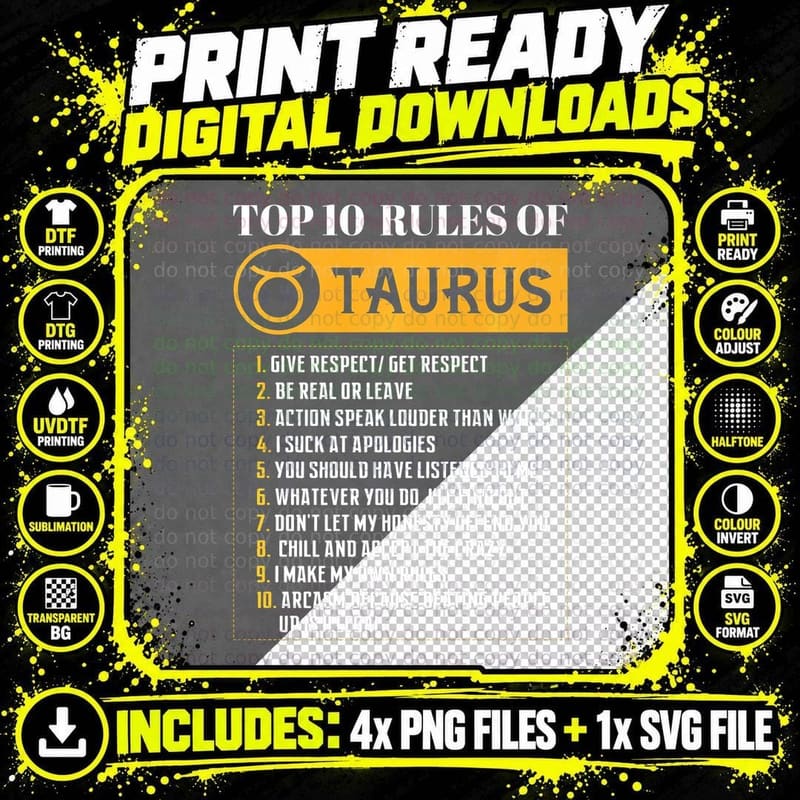Funny Top 10 Rules of Taurus Zodiac Sign Horoscope Png SVG Digital Bundle