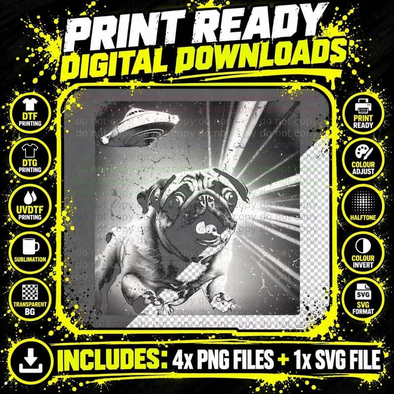 Funny UFO Space Pug T-Shirt, Vintage Retro Png SVG Digital Bundle