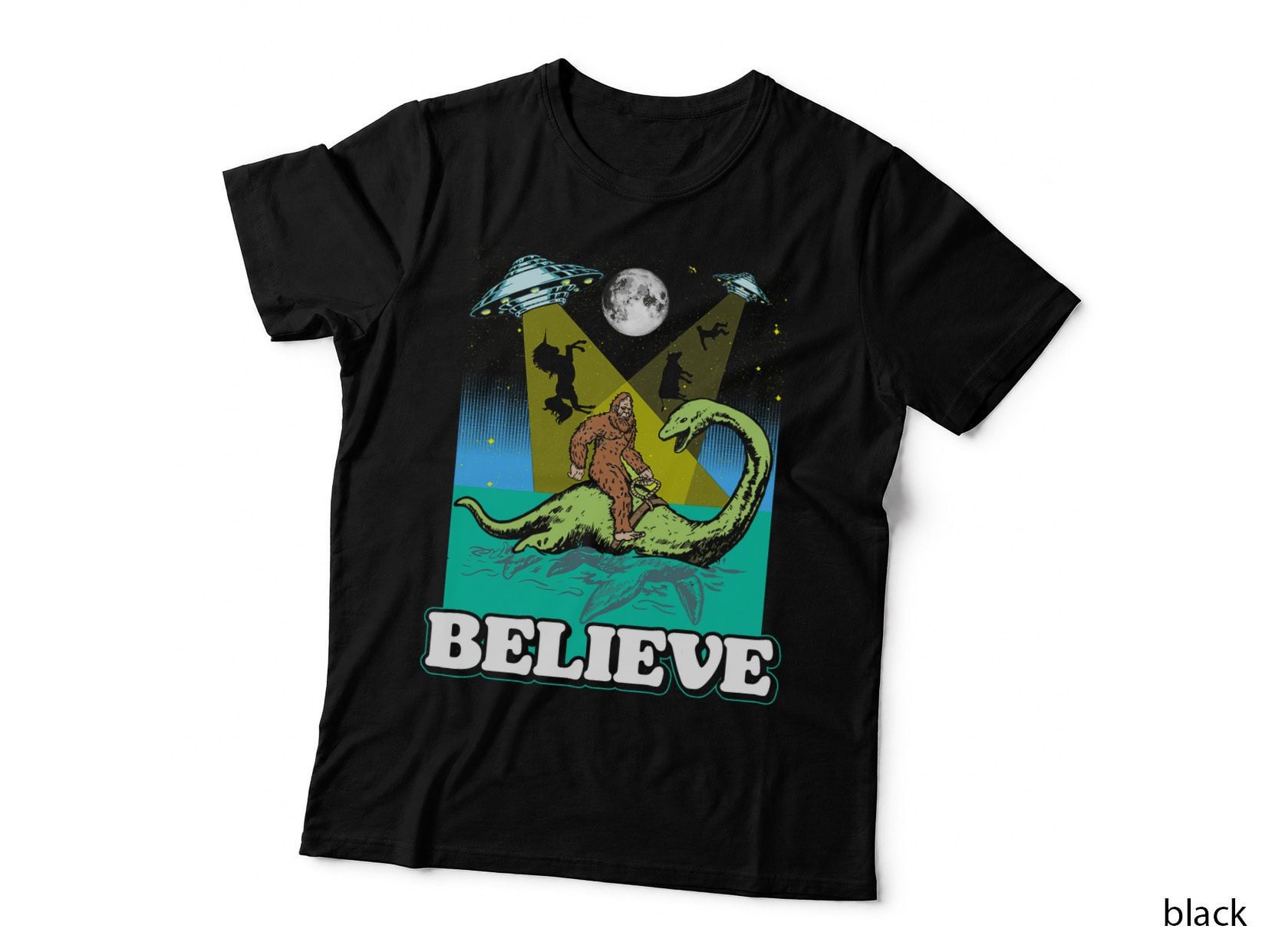 Funny Vintage Bigfoot Loch Ness UFO Alien Unicorns Together T-Shirt