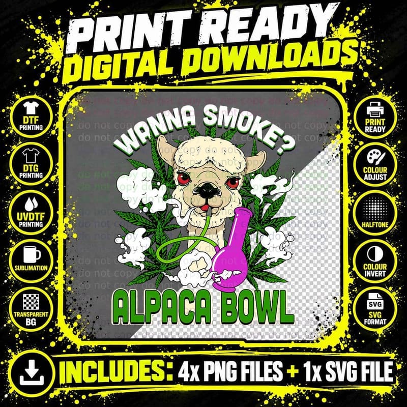 Funny Weed Alpaca Bowl T-Shirt, 420 Weed Smoker Png SVG Digital Bundle