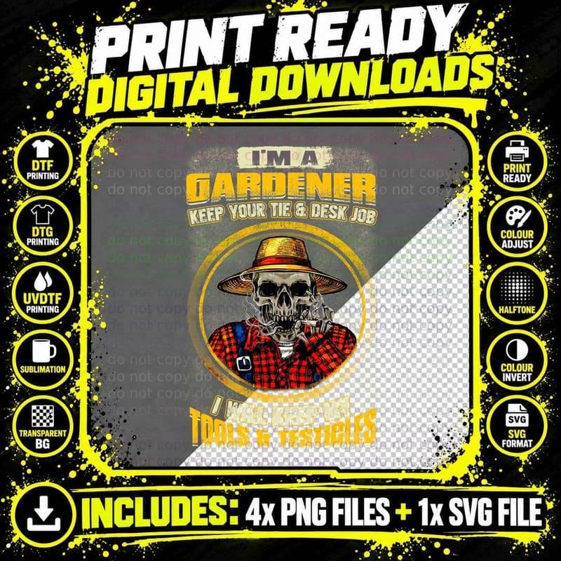 Gardener Skull T-Shirt, Funny Sarcasm, Cool Skull Print Png SVG Digital Bundle