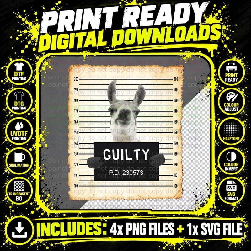Guilty Llama Mugshot T-Shirt, Animal Humor Png SVG Digital Bundle