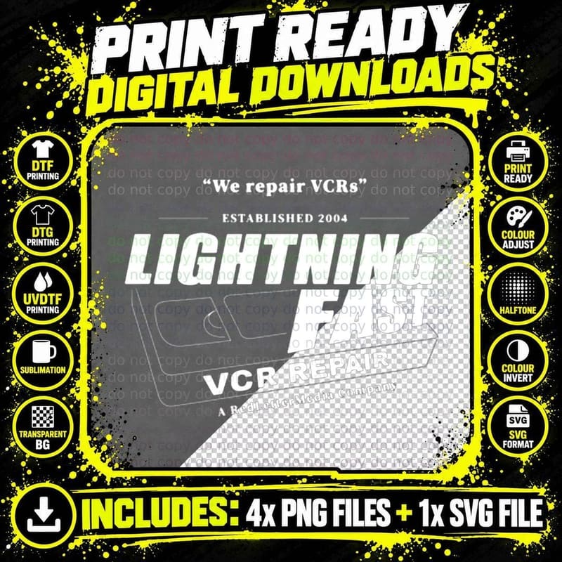 Lightning Fast VCR Repair T-Shirt, Retro Tech Humor Png SVG Digital Bundle