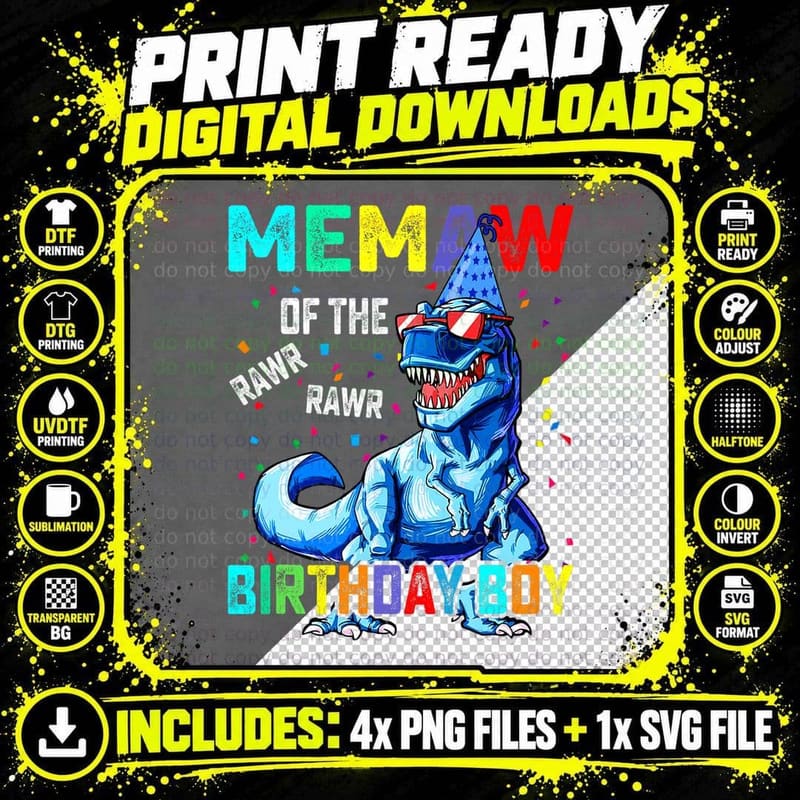 Memaw of the Birthday Boy Funny Memawsaurus T-Shirt Png SVG Digital Bundle