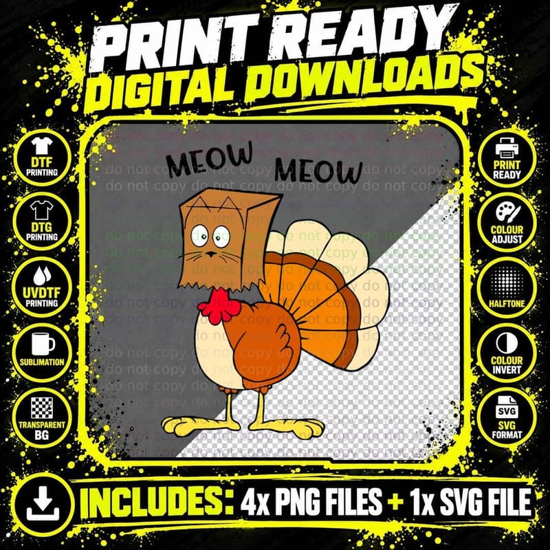 Meow Funny Turkey T-Shirt, Fall Season Humor Png SVG Digital Bundle
