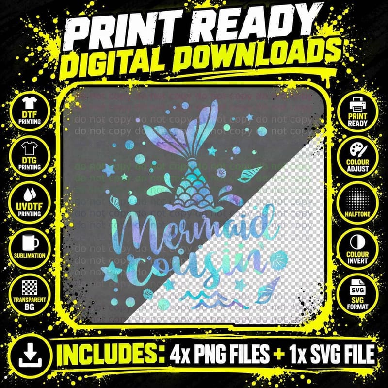 Mermaid Cousin Funny Birthday T-Shirt, Family Matching Png SVG Digital Bundle