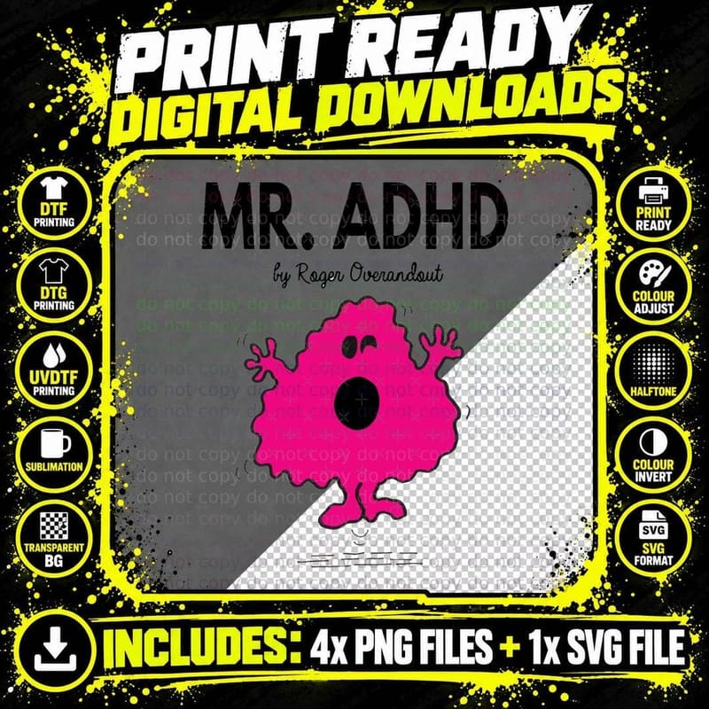 Mr ADHD T-Shirt, Pink Bouncing Mr Men Parody Funny Png SVG Digital Bundle