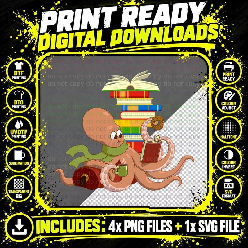 Octopus Reading T-Shirt, Nerd Humor, Book Lover Apparel Png SVG Digital Bundle