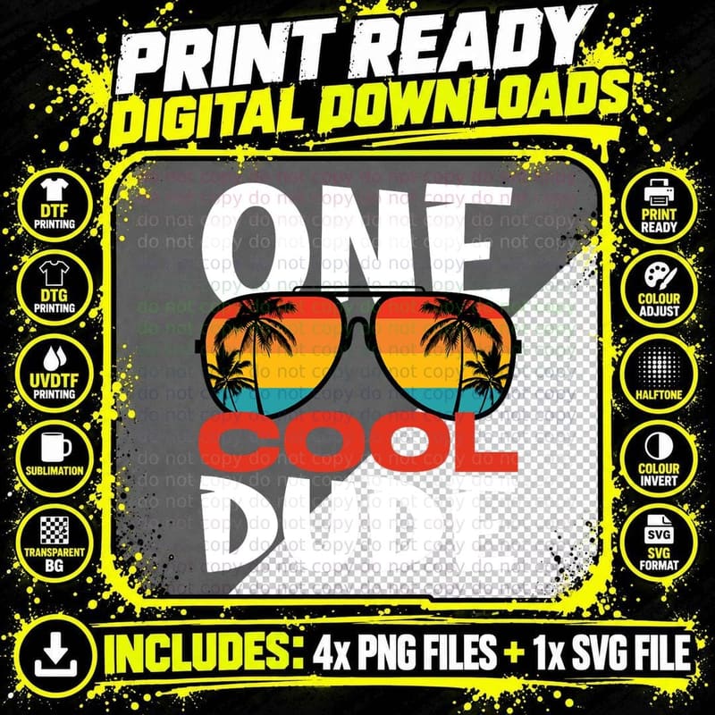 One Cool Dude Funny Birthday Boy Cool Sunglasses T-Shirt Png SVG Digital Bundle