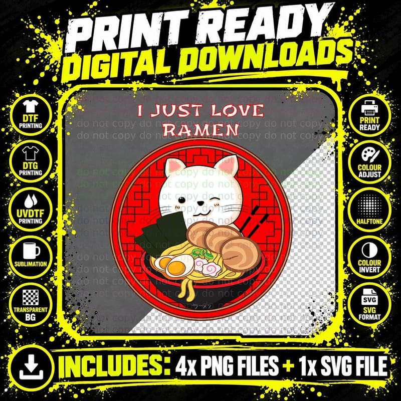 Ramen Japan Kitty Winking Noodle Bowl T-Shirt Png SVG Digital Bundle