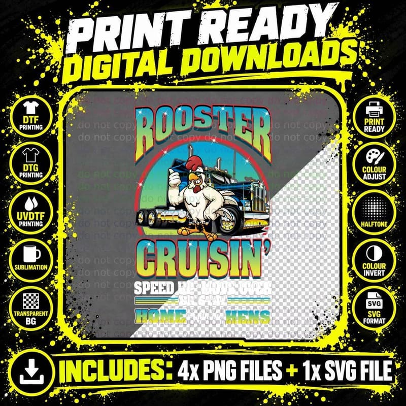 Rooster Cruisin' T-Shirt, Retro Trucking Humor Png SVG Digital Bundle