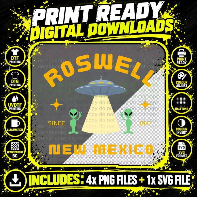 Roswell UFO Aliens Since 1947 Funny UFO Alien T-Shirt Png SVG Digital Bundle
