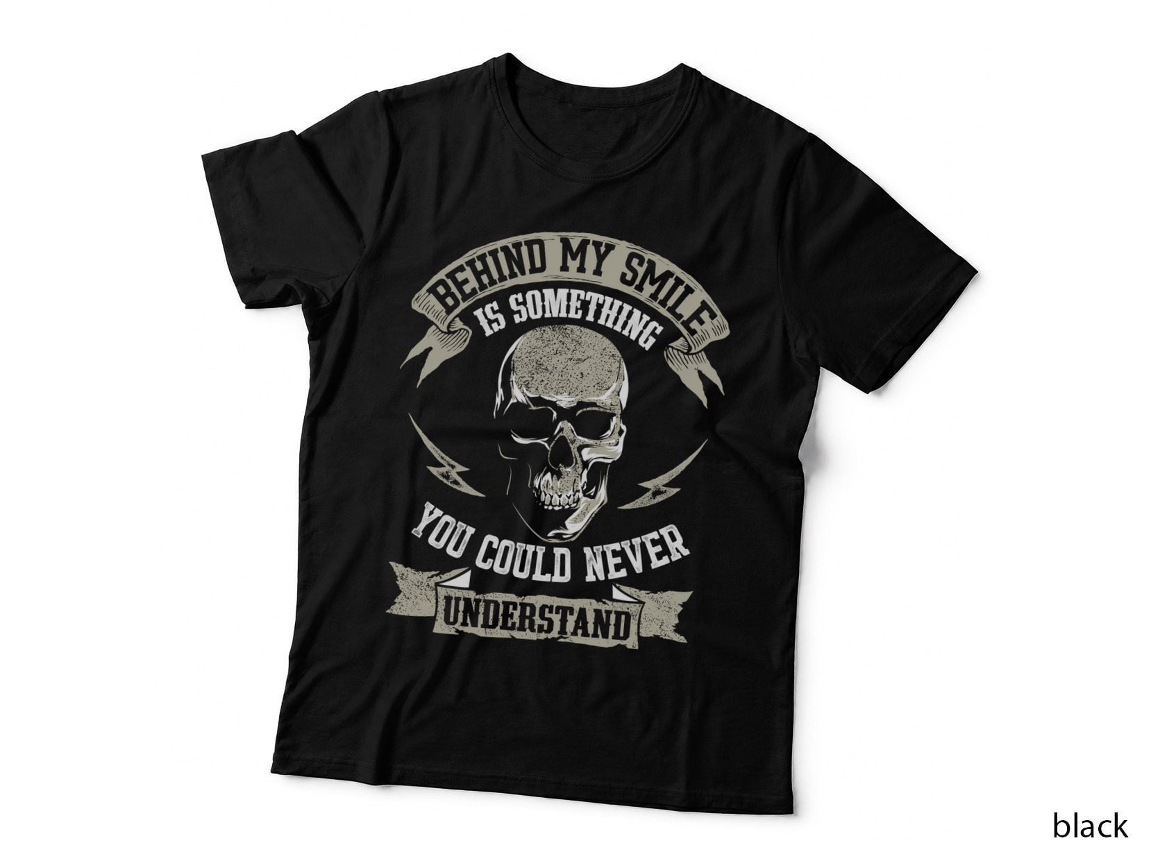 Skull Behind My Smile T-Shirt, Gothic Typography, Dark Humor Apparel