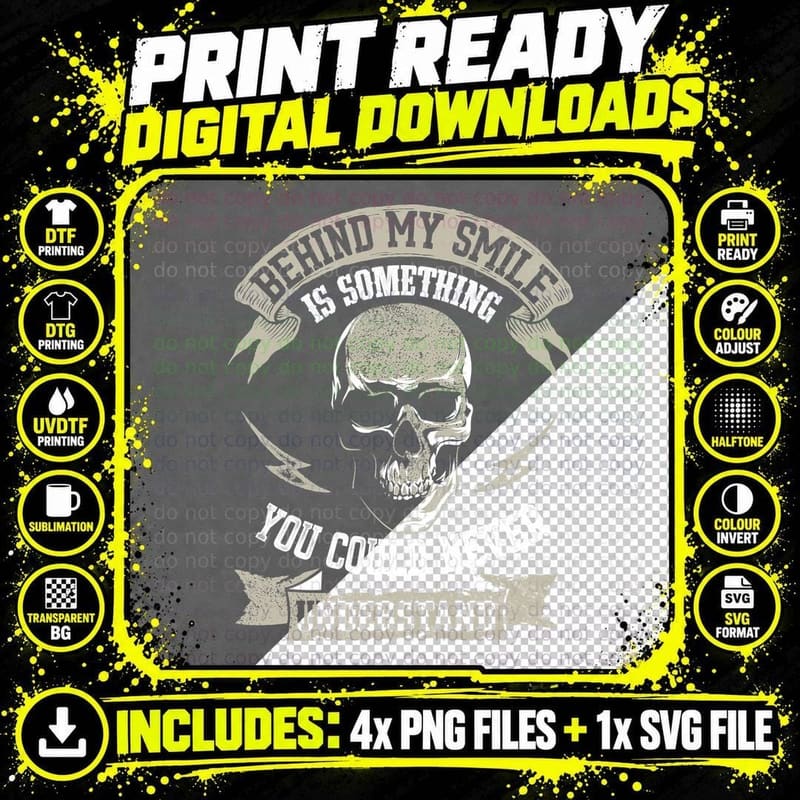 Skull Behind My Smile T-Shirt, Gothic Typography Png SVG Digital Bundle