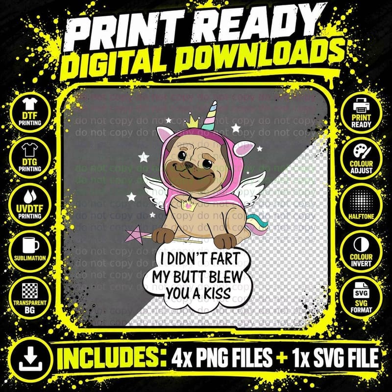 Unicorn Pug T-Shirt, Funny Sarcasm, Pet Lover Apparel Png SVG Digital Bundle