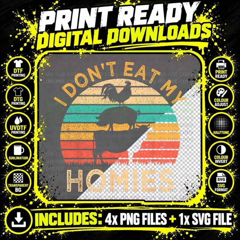 Vegetarian I Don't Eat My Homies Funny Vegan Retro Png SVG Digital Bundle