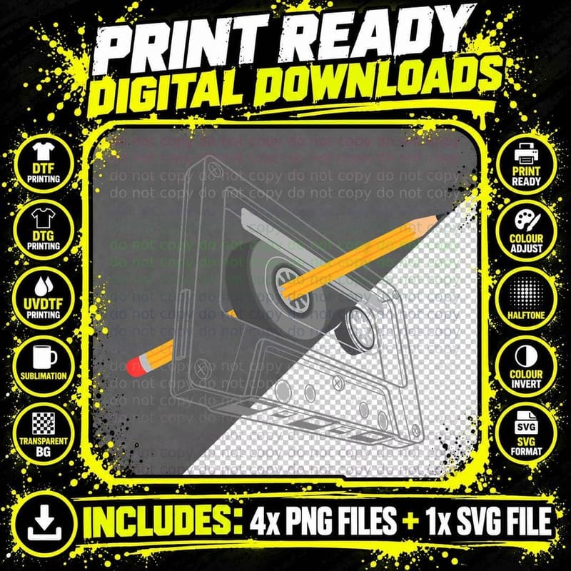 Vintage Rewind Funny 80s 90s Cassette Pencil Gift T-Shirt Png SVG Digital Bundle