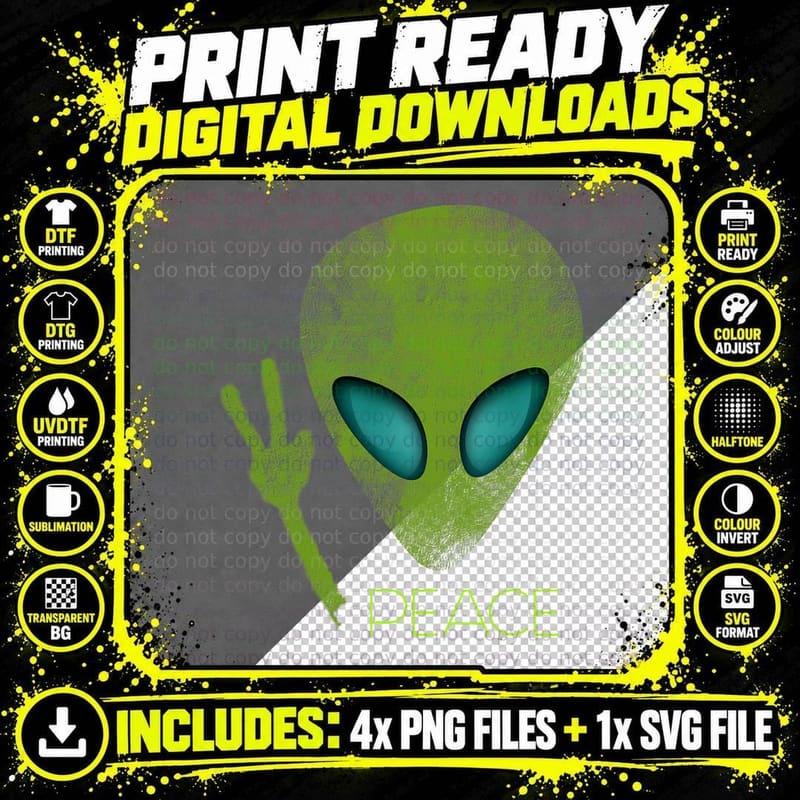 Alien Peace Sign T-Shirt, Green UFO Head Funny Graphic Png SVG Digital Bundle