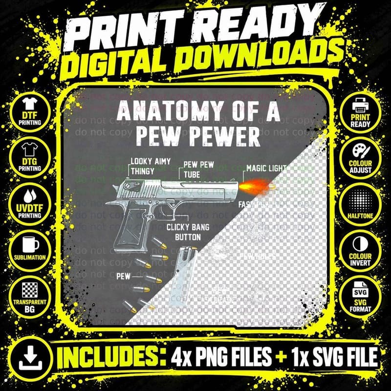 Anatomy of a Pew Pewer T-Shirt, Labelled Handgun Diagram Png SVG Digital Bundle