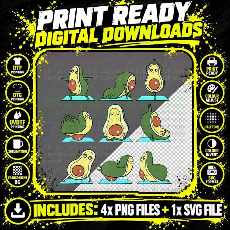 Avocado Yoga Poses Funny Cartoon Grid Nine Panels Png SVG Digital Bundle
