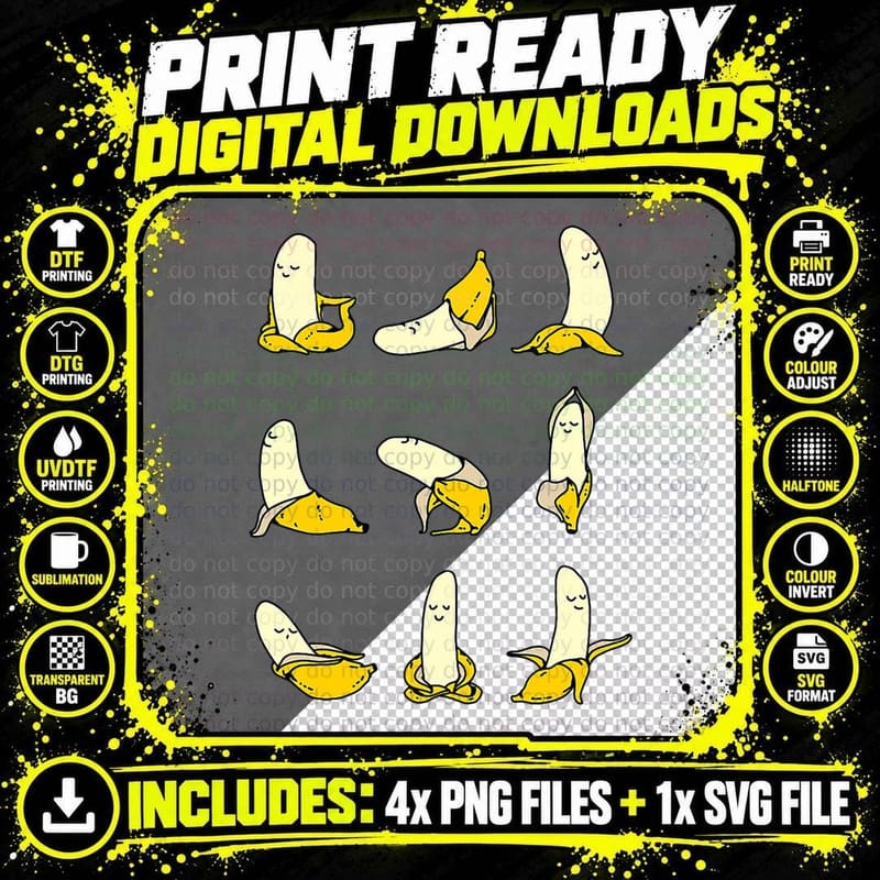 Banana Yoga T-Shirt, Funny Cartoon Fruit Poses Png SVG Digital Bundle
