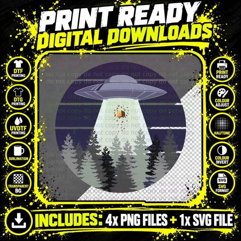 Bee Hive Abduction by UFO, Retro Alien Uap Pine Forest Png SVG Digital Bundle
