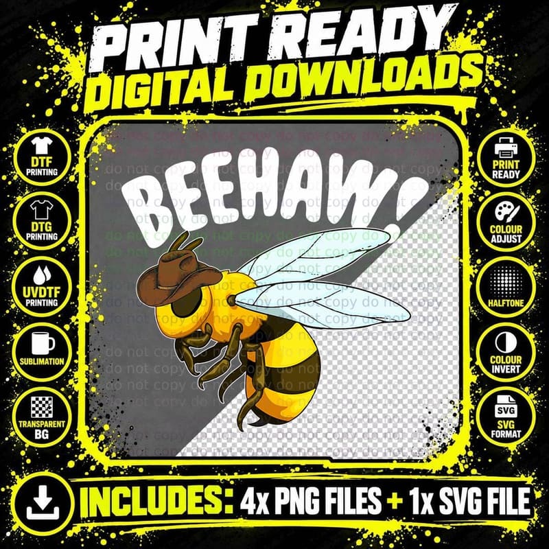 Beehaw Cowboy Bee with Hat, Funny Western Insect Pun Png SVG Digital Bundle