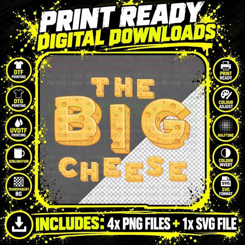 Big Cheese Funny Birthday Tee, Cheddar Block Letters Png SVG Digital Bundle